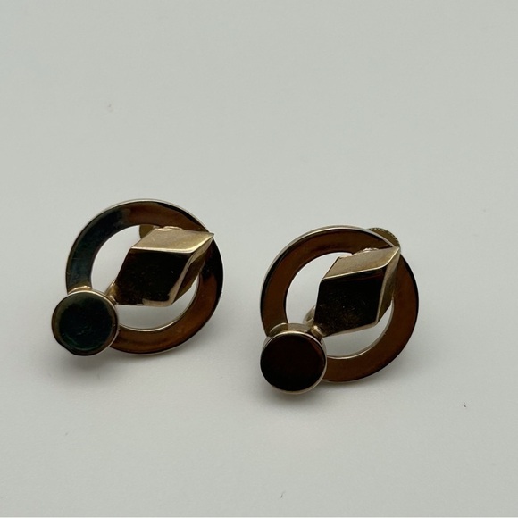 Vintage Silver Tone Abstract Atomic Diamond Round 3D Chunky Screw Back Earrings - Picture 4 of 6